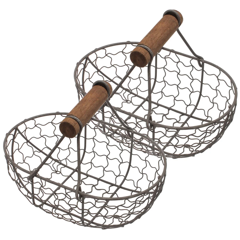 

Metal Wire Storage Basket Hollow Iron Fruit Basket Bread Storage Holder Egg Basket With Wooden Handle For Kitchen