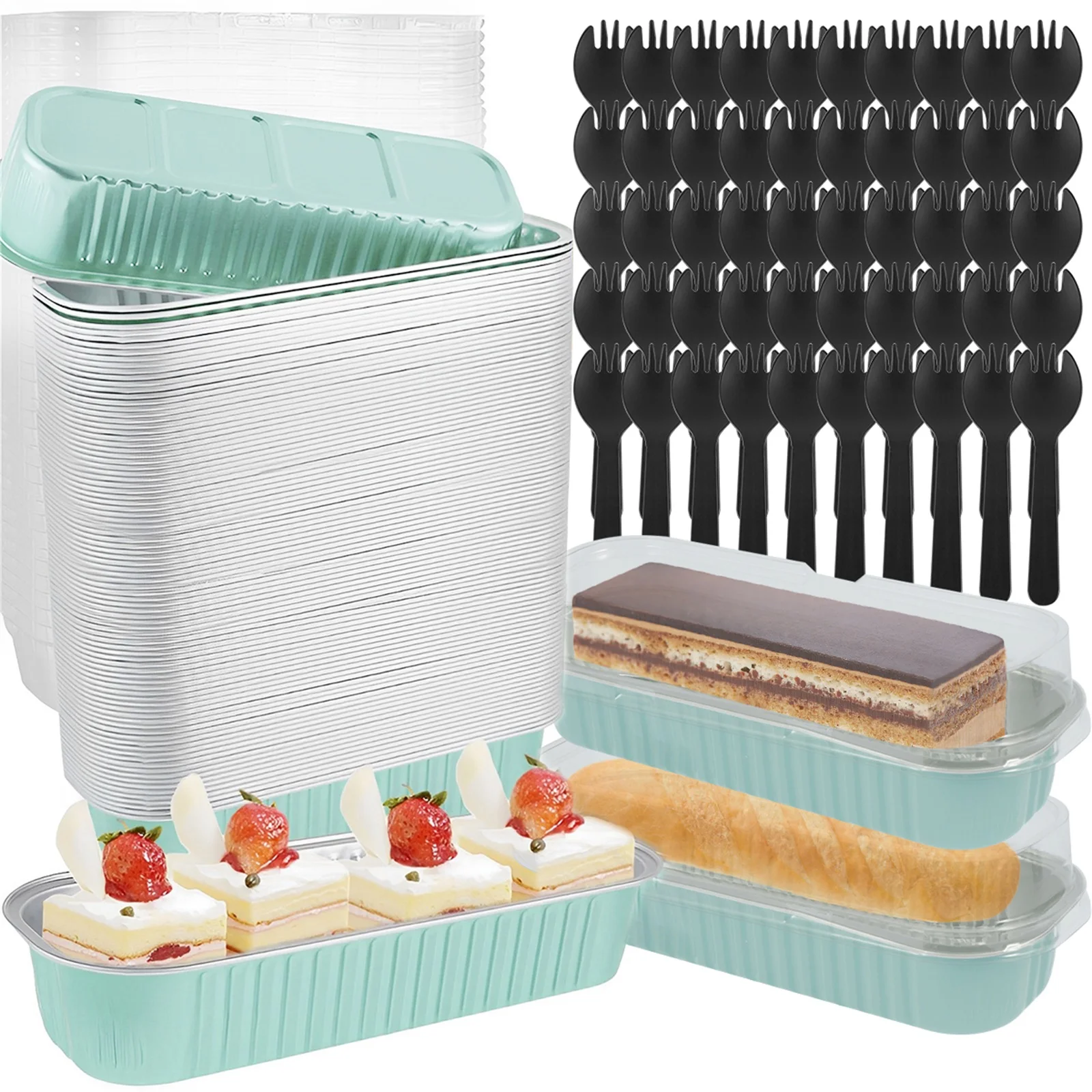 50 Mini Loaf Pans With Lids - 7oz Aluminum Foil Baking Cups, Reusable With Forks & Spoons - View #3