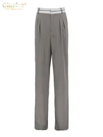 Clacive أنيقة فضفاضة رمادي مكتب النساء السراويل موضة عالية الخصر مستقيم بنطلون عادية شيك تقسم كامل طول السراويل الإناث 1