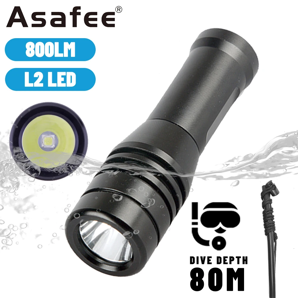 

Asafee DM008 80M Underwater L2 LED 800LM Diving Flashlight IPX8 Waterproof Scuba Torch Rotary Switch 1Mode Lantern 14500 Battery