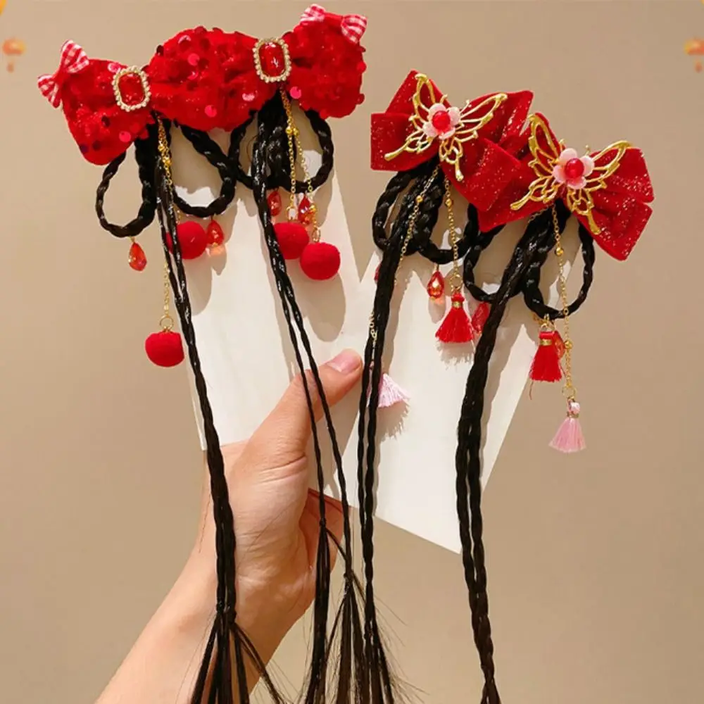 

Flower Children Wig Hairpin Tassel Tang Suit Hair Clip Chinese New Year Headwear Pearl Ancient Headwear Red Bow Hairpin Girls