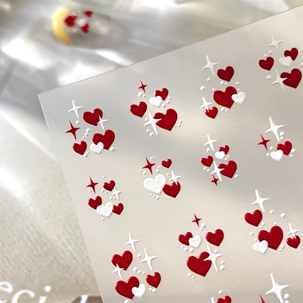 1개 레드&화이트 하트 스타버스트 네일 스티커 발렌타인데이 레드 하트 글리터 네일 스티커 귀여운 복숭아 하트 매니큐어 데칼