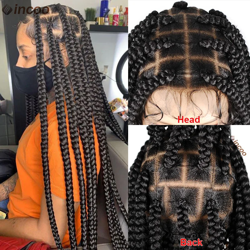 Pelucas sintéticas trenzadas de caja grande para mujeres negras, pelucas frontales de encaje completo sin nudos Jumbo, trenzas tribales Jumbo, peluca de aciano Faux Locs