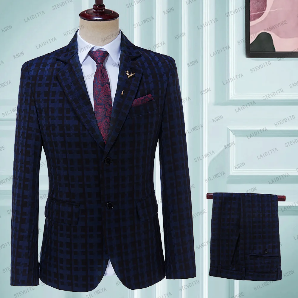 

2023 New Men's Fashion Boutique Lattice Business Casual Suit Stage Groom Wedding Dress Performance Costume Blazer Pants
