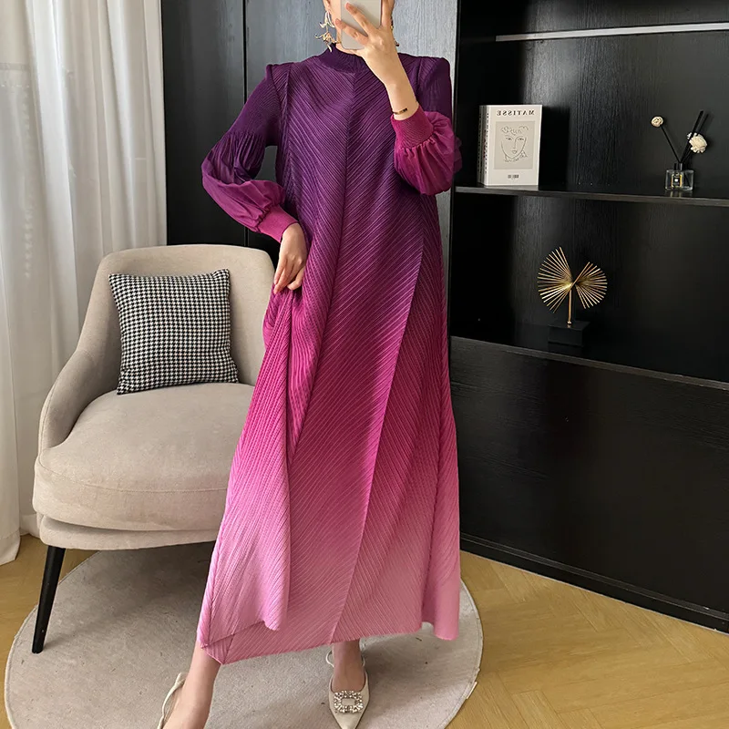 

Miyake Gradient Dress Women Commuter Premium Sense Seven Sleeve Pleated Long Dresses Large Hem 2024 Spring Plus Size Women's