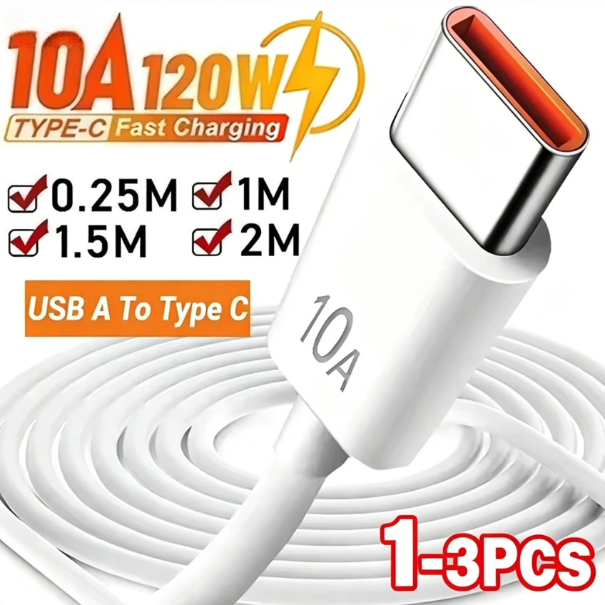 120W 10A USB To Type C Super Fast Charge Cable Mobile Phone USB-C Chargers Data Cord For Xiaomi Samsung Huawei Quick Charge Wire