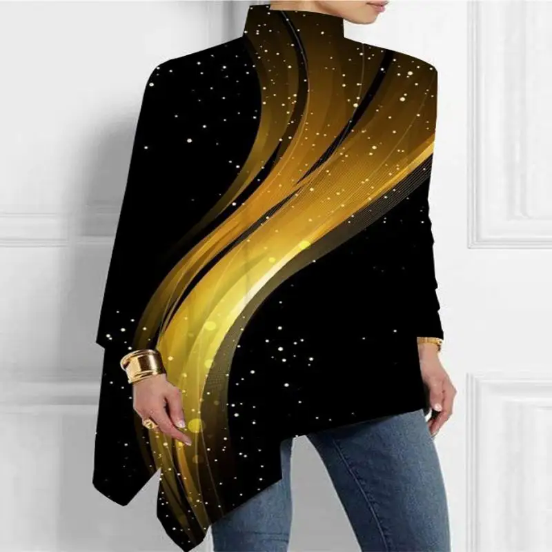 

Plus Size Women Long Sleeve Turtle Neck Printed Tops