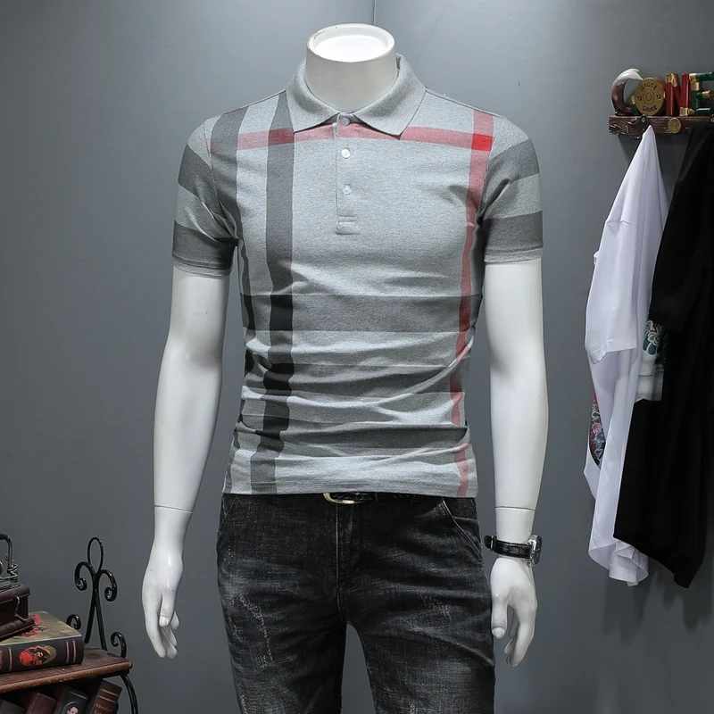 

Cotton Breathable Plaid Polo Shirt Men's Clothing Summer Short Sleeve Casual Luxury High Quality Fashion High Quality Clothing
