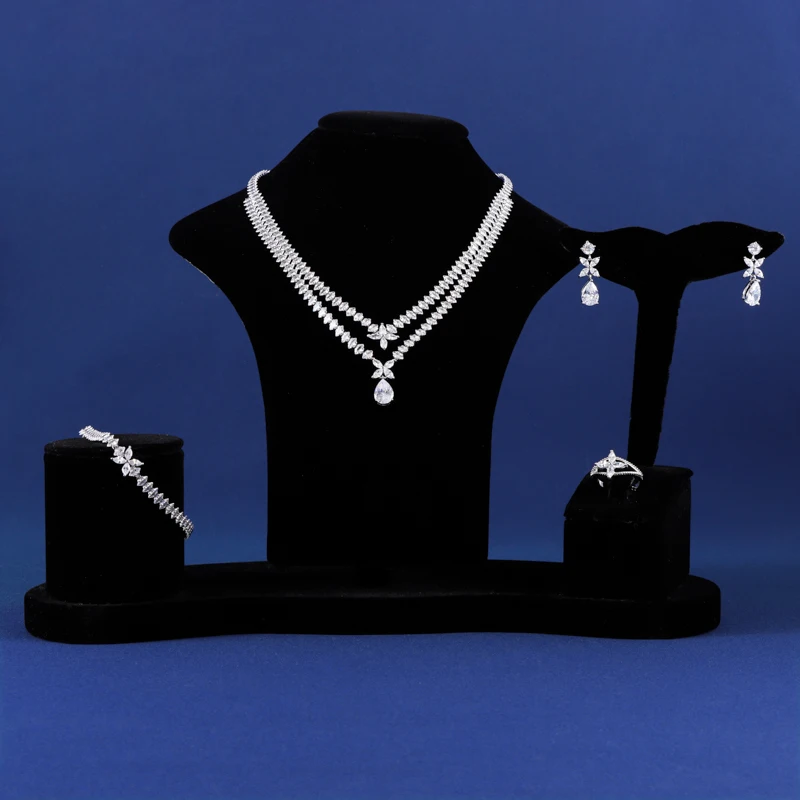 

Luxury Sparkling AAA Cubic Zirconia 4pcs Double layered Earring Necklace Bracelet Ring Dubai Nigeria Bridal Wedding Jewelry Set