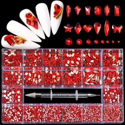 Luxury Rhinestone Nail Art Jewelry Set with 2800 Glass Crystal Pieces - 3D Diamond Nail Decoration Gems (Red)