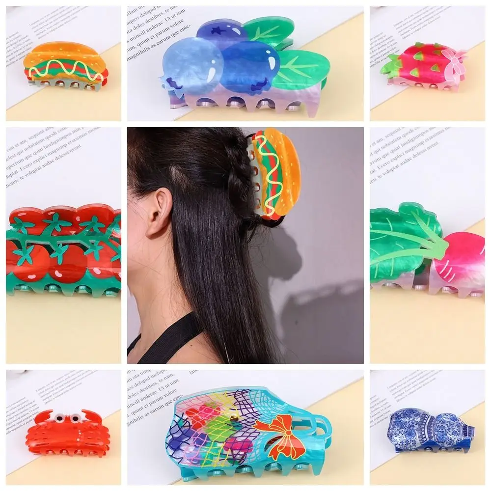 

Acrylic Flower Hair Claw Personalized Hamburg Tomato Fruit Hair Clip Geometry Headwear Simulated Food Shark Clip Streetwear