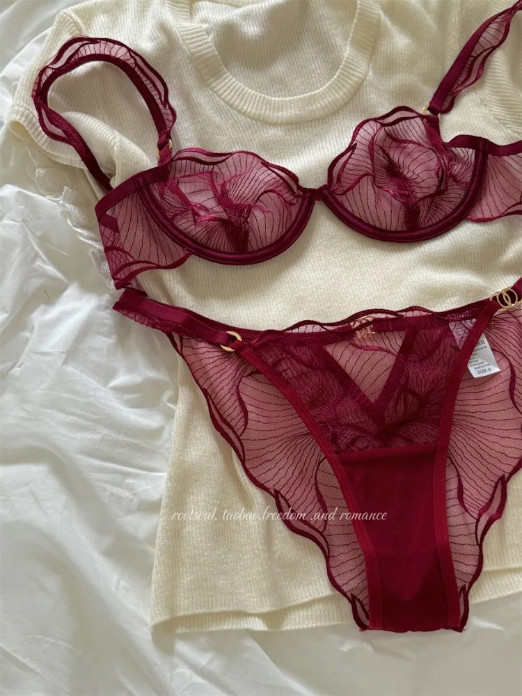 Ensemble de soutien-gorge en dentelle brodée de fleurs françaises, Sexy, pur désir, Ultra fin, Push-Up, sans fil, confortable, Niche romantique, Bralette, S-XL ​ ​   MOYISU