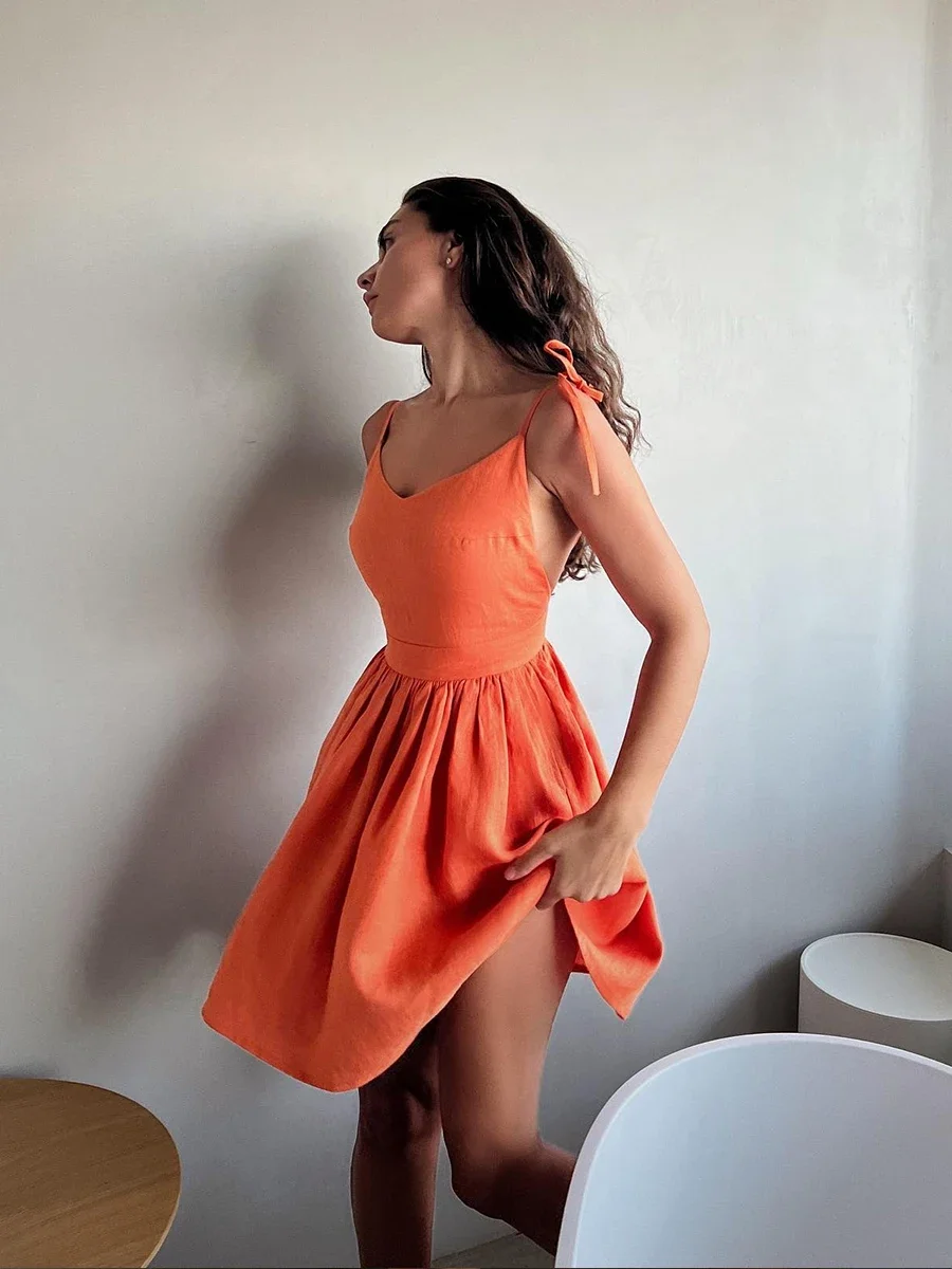 Bronladies 100% Cotton V-neck Spaghetti Strap Dress Women's Solid Color Chic Short Dress Fashionable Ladies Slim Fit Short Skirt