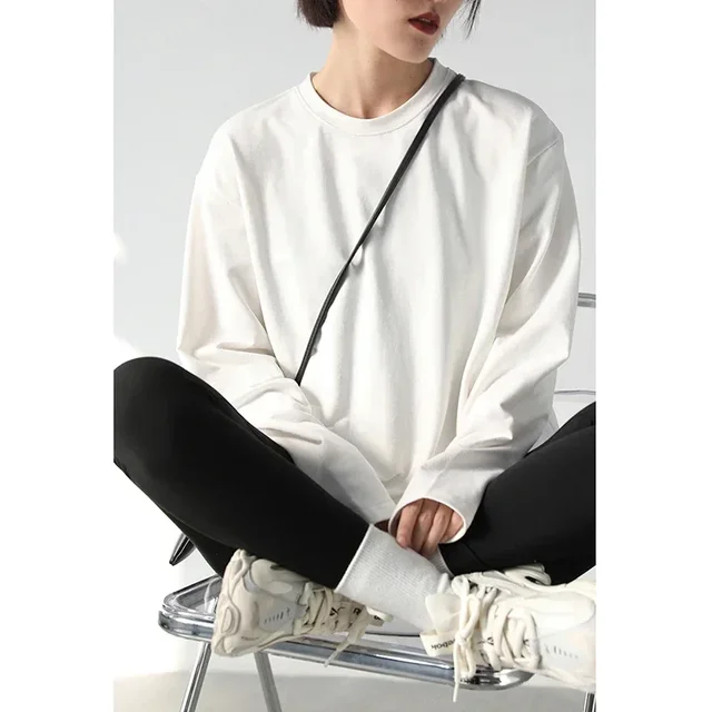 CHIC VEN-Camiseta holgada de manga larga para mujer, Top básico de cuello redondo, camisa de fondo, camiseta informal para mujer, Color sólido, primavera y otoño - Imagen 2