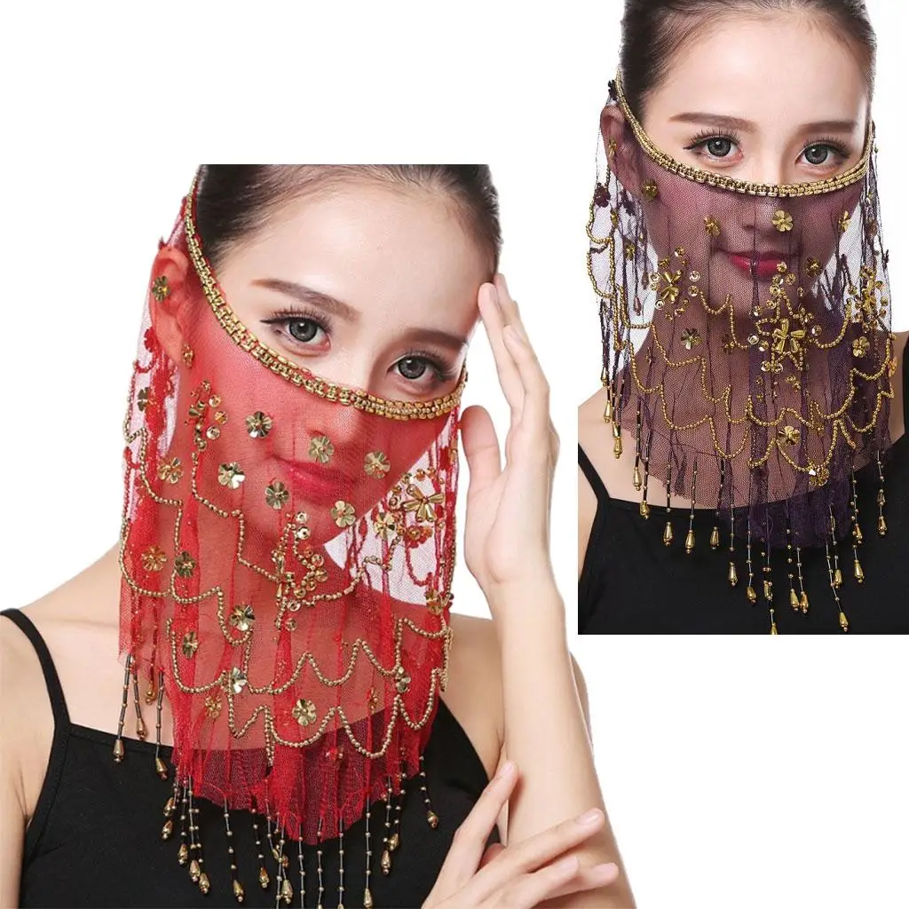 Belly Dance Face Veil Chiffon Halloween with Sequins Head Scarf Play Beautiful MeshBelly