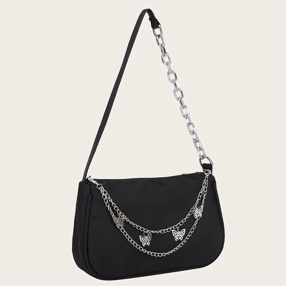 Women Butterfly Chain Shoulder Bag Fashion Nylon Female Black Underarm Bags Y2k Small Tote Handbags Trendy Armpit Purse