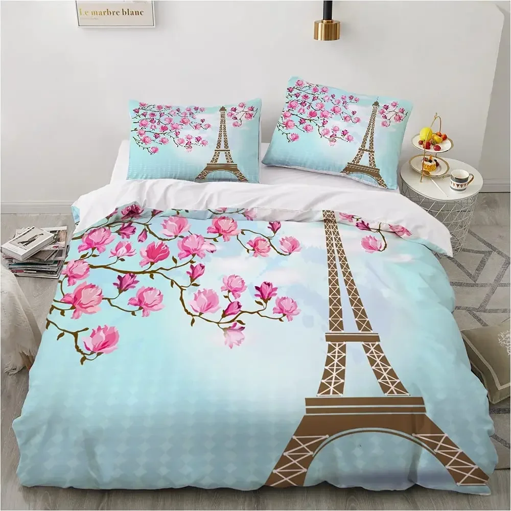 Eiffelturm-Bettbezug-Set, King-Size-Bett, Vintage, schönes weltberühmtes Gebäude, Sakura-Twin-Bettwäsche-Set aus Polyester für Kinder und Mädchen – Detail 5