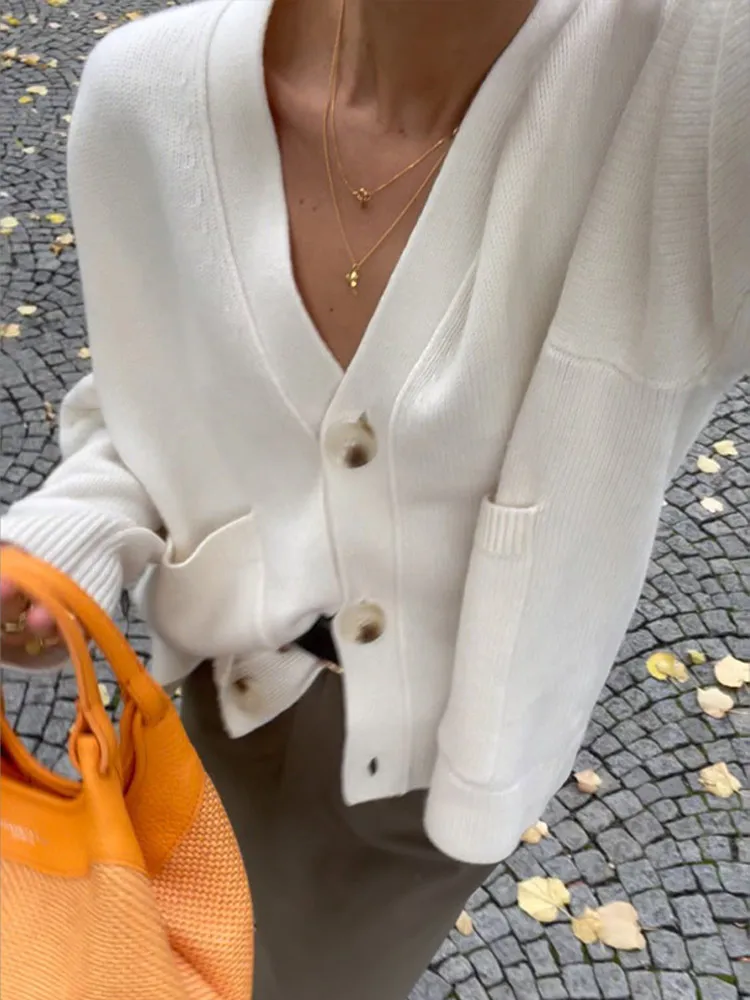 Women Classic Solid V Neck Pocket Cardigan Casual Long Sleeve Single-breasted Sweater Fall Fashion New Lady Commuting Streetwear 3
