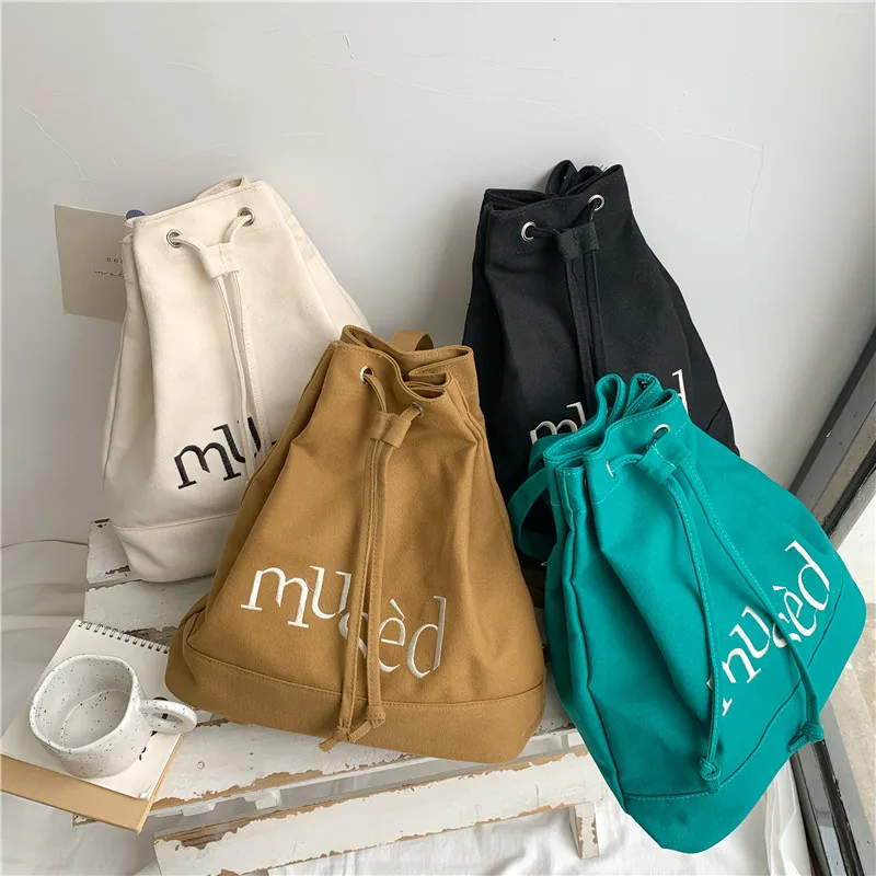 

Korean Fashion Canvas Women Backpack 2023 Simple Letter Printing Female Retro Drawcord School Designer Bag