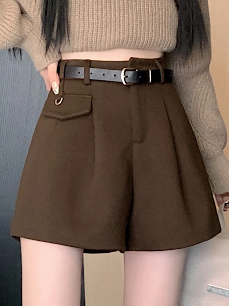 QOERLIN Elegant Women Elegant High Waist Pleated Straight Leg Shorts with Pockets Autumn Winter 2024 New Woolen Shorts with Belt