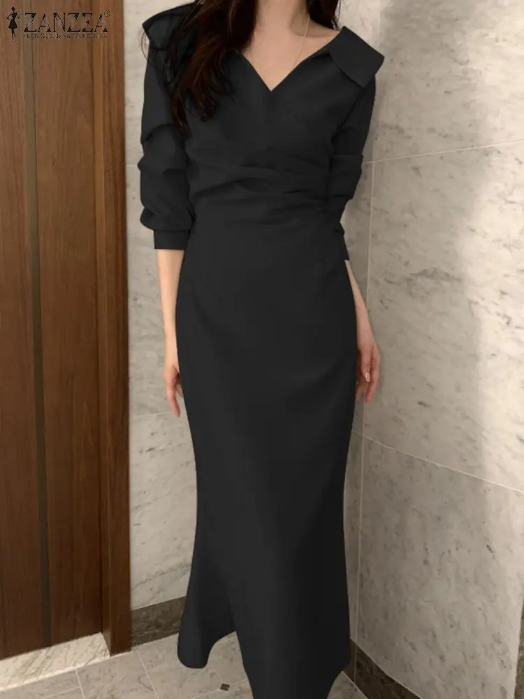 

ZANZEA Fashion Party Dresses Autumn Women Long Robe Lapel Full Sleeve Maxi Dress OL Sundress Elegant Solid Slim Party Vestidos