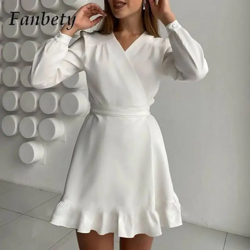 

Fashion Solid Color Long Sleeve Party Dress Elegant V-Neck Slim Dating Dress Women's Lotus Leaf Splicing Versatile Mini Dresses