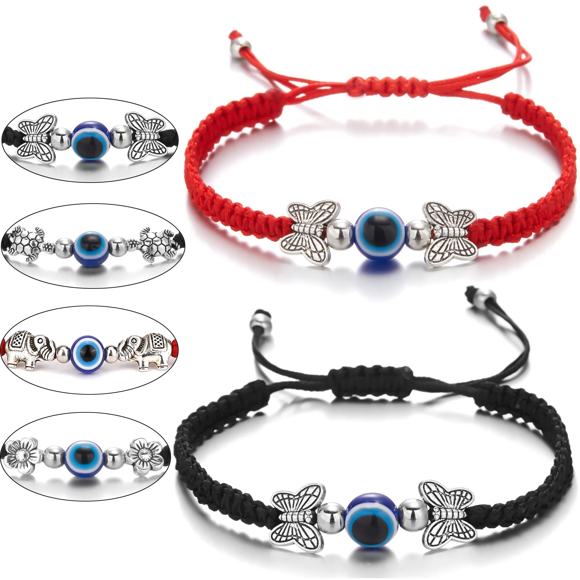 Diy Handmade Braided Rope Bracelet Antique Silver Butterfly Turtle Blue Evil Eye Beads Bracelets Adjustable Wrist Chain Bangle