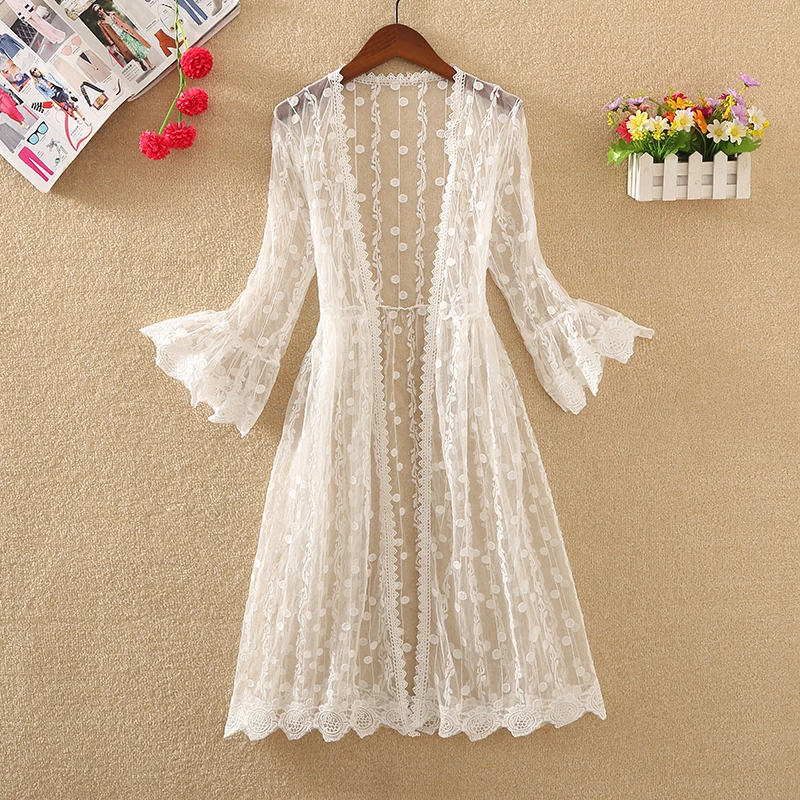 Long Cardigan Beach Cover Up 2023 Summer Blouses For Women Woman V Neck Shirt Top Lace Blusas Femininas Elegant Sunproof Outwear 3