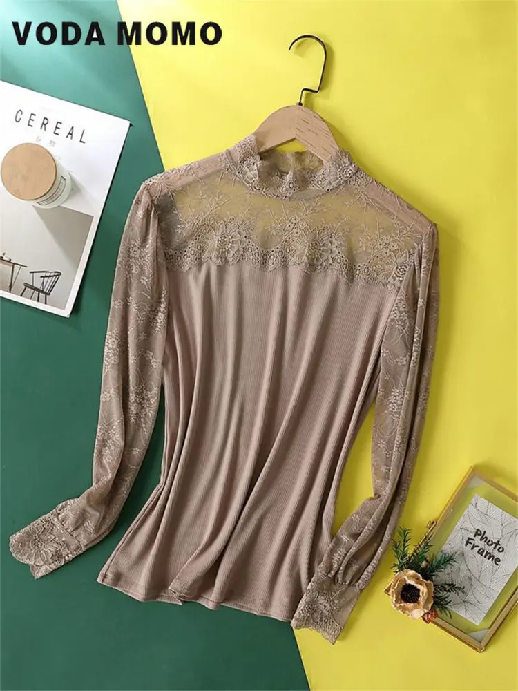 

Summer Fashion Leisure Vintage Solid Elegant See Through Lantern Sleeved Elegant FemalePulls Tops Lace Lightweight Women Blouse