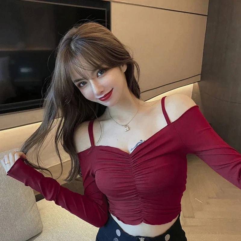 

GIDYQ Sexy Off Shoulder Women Cropped Tops Solid Slim Slash Neck All Match Long Sleeve Female Fashion Hotsweet Party Pullovers
