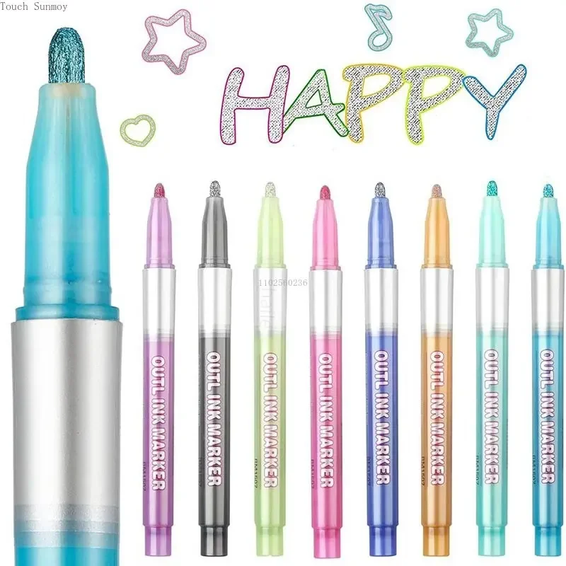 8 Color Christmas Pen Highlighter Double Line Outline Art Pen Marker Pens Bullet Diary Poster Card Painting Writing