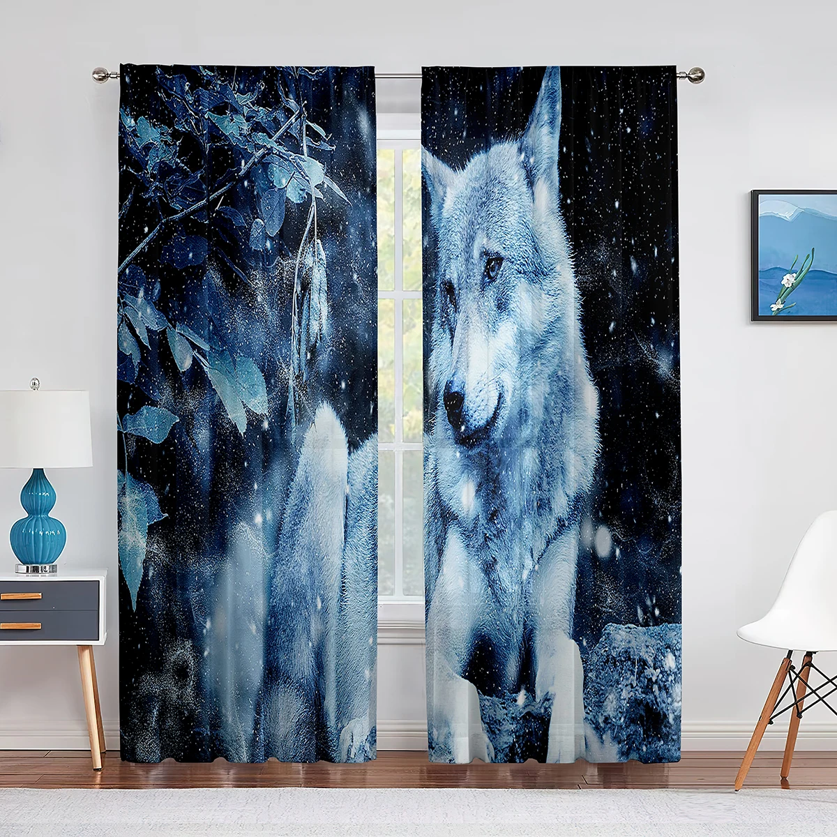 

Wolf Winter Snow Forest Wild Animal Tulle Voile Curtains for Bedroom Window Curtain for Living Room Sheer Curtains Blinds Drapes