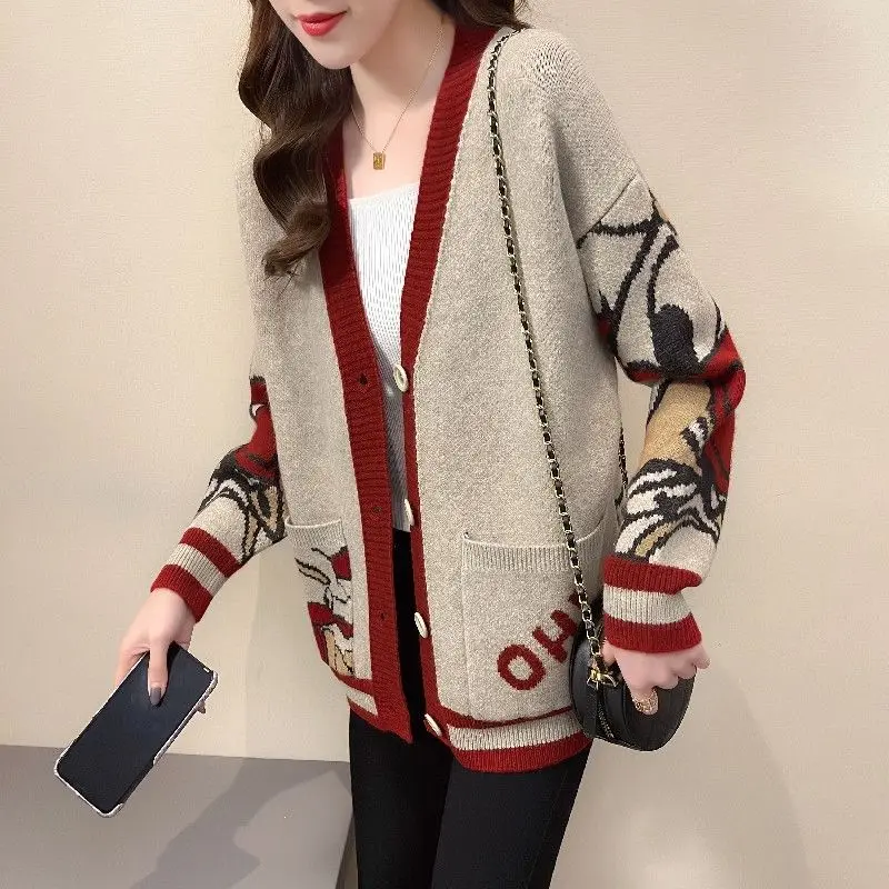 Fashion Spliced Button Pockets Cartoon Shirts Female Clothing 2023 Winter New Loose All-match Cardigan Tops Casual Blouses