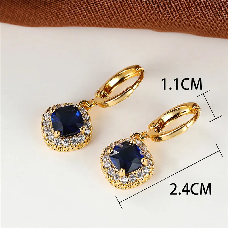 Blue Zircon Square Stone Hoop Earrings Female Luxury Crystal Wedding Earrings Vintage Gold Color Bridal Earrings For Women Gifts