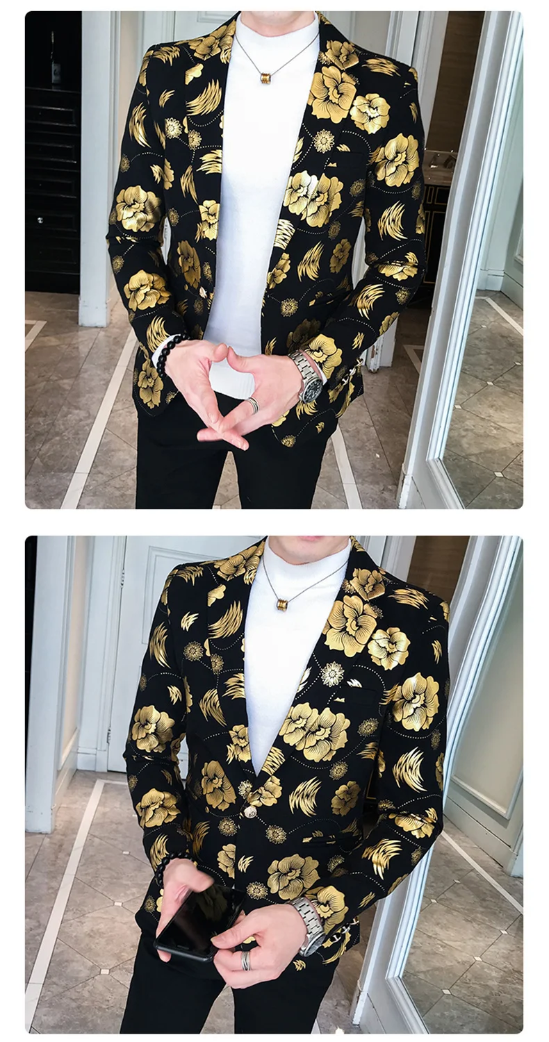 Printed Floral Blazers Mens Night Club Outfits Gold Rose Bomber Jackets Dress Jackets Blazer Masculino Chaqueta Hombre Formal sport coat