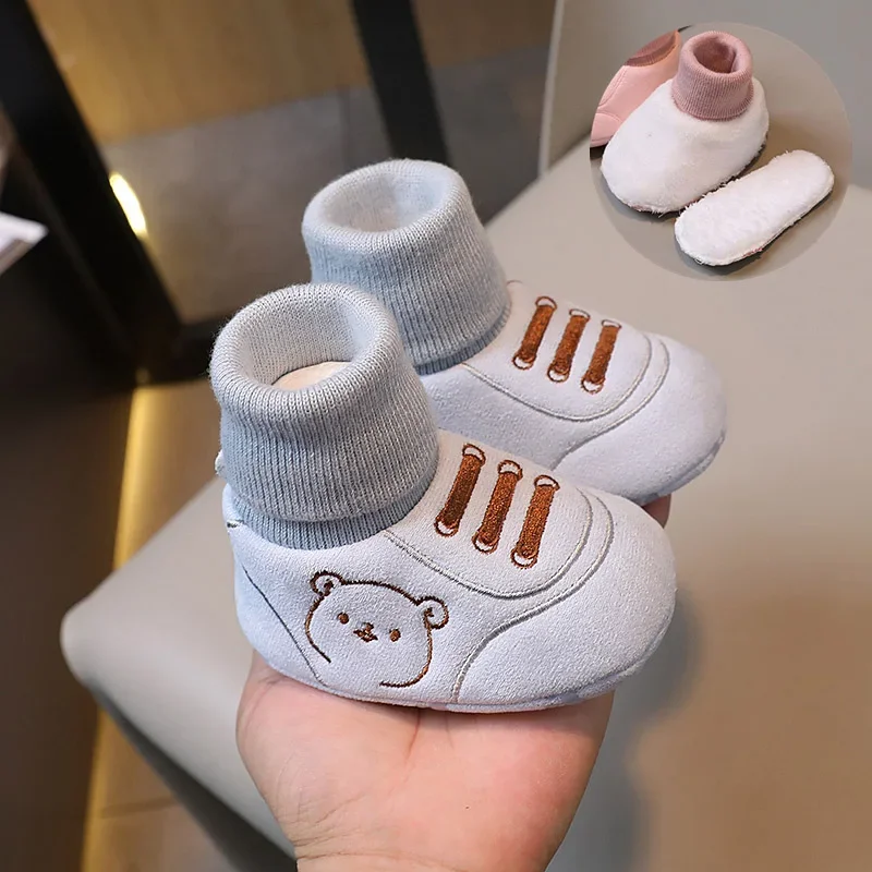 Cute Bear Baby Shoes Autumn Winter Knit Warm Soft Soled Shoes Socks for Boy Girl Indoor 0-1 Years Kids First Walkers Booties