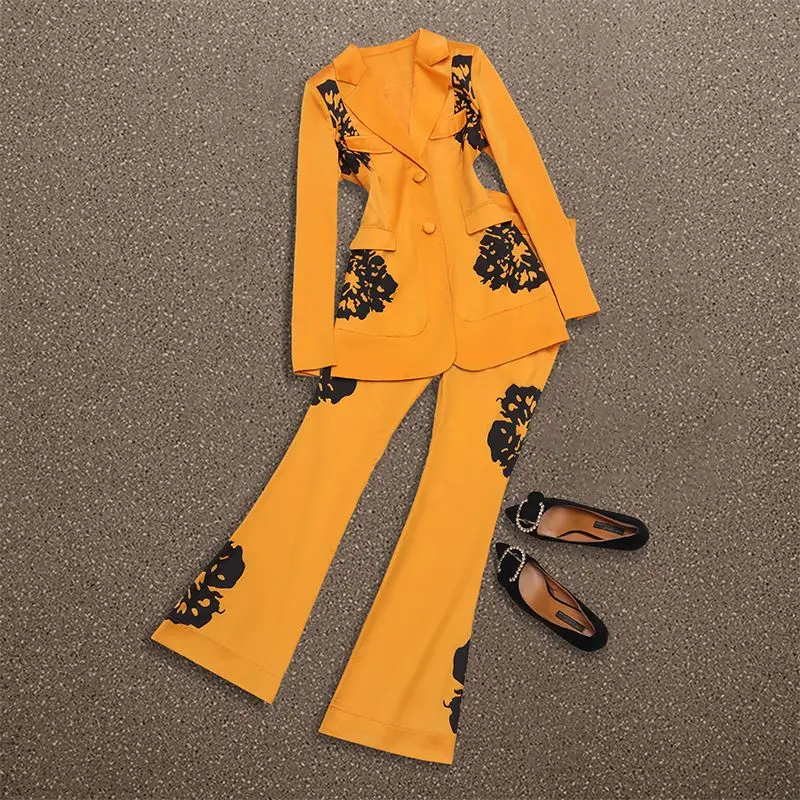 2023 Spring New European and American Small Suit Flare Pants Two Piece Design Sense Printing Age Reducing Set