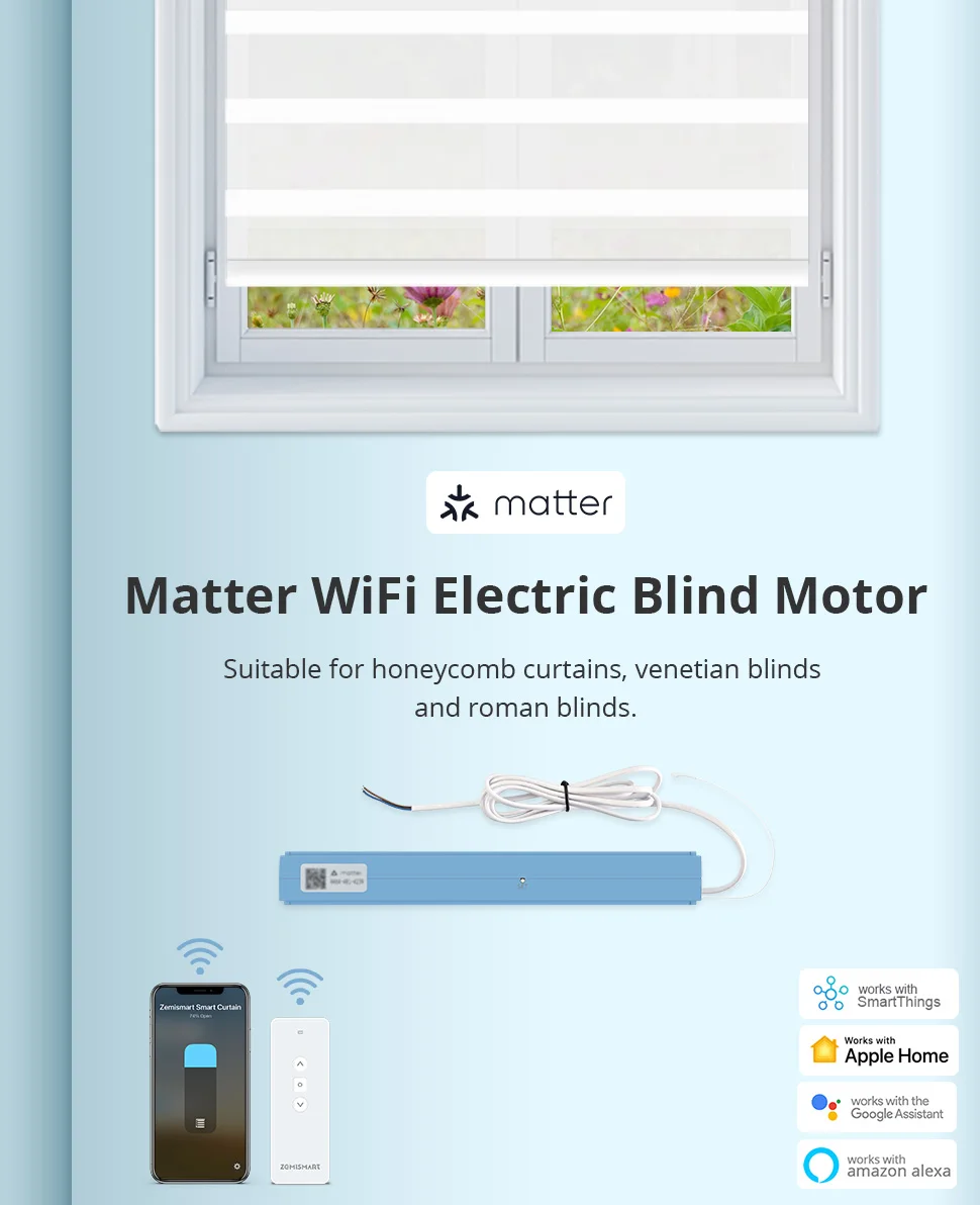 Matter Over WiFi Smart Blinds Motor for Roman Shade Honeycomb Shade Pleated Blin