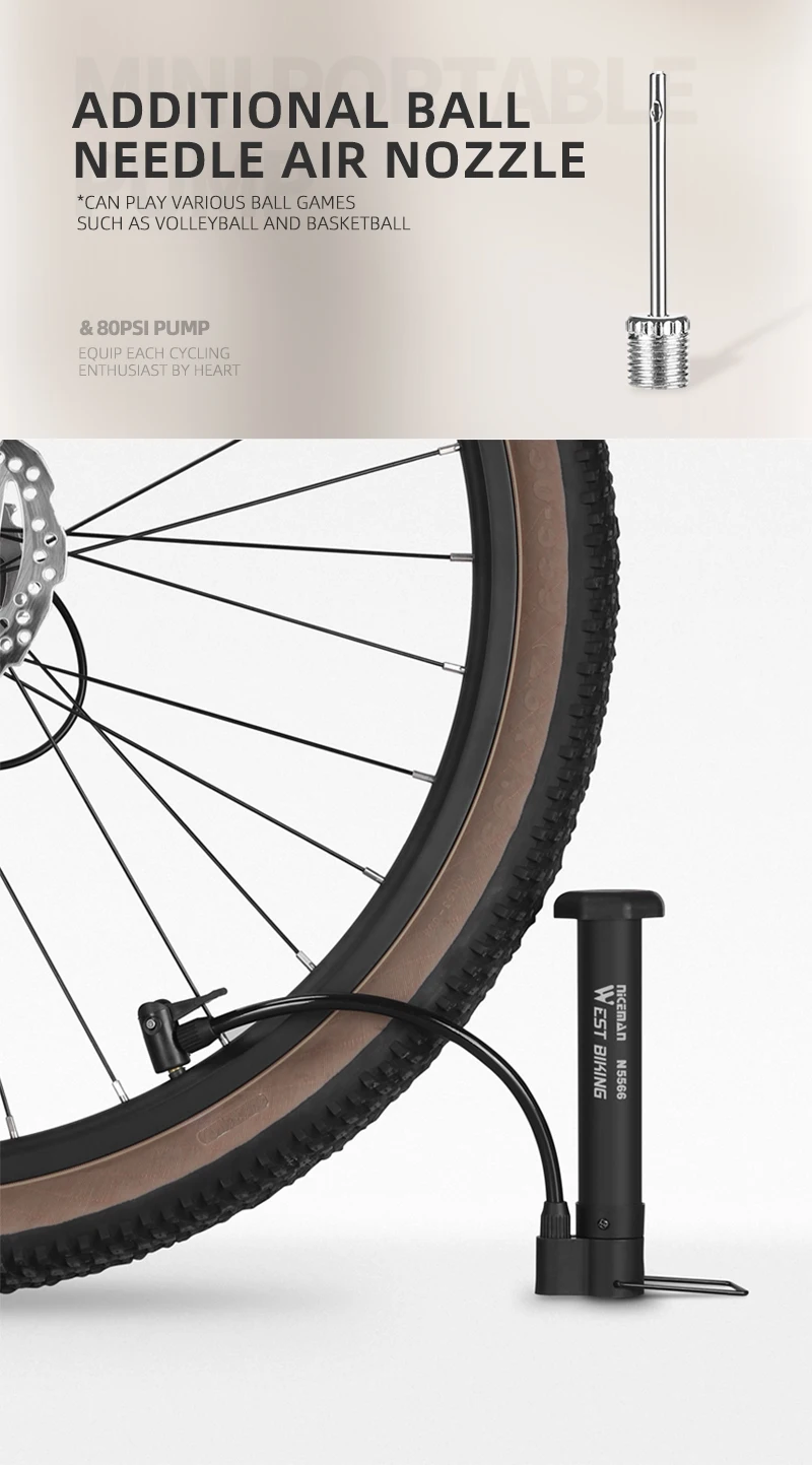 WEST BIKING MTB-Fahrradpumpe, 80 PSI, manuelle Luftpumpe, Ballon-Reifenfüller, Schrader-Ventil, Bodenpumpe, Fahrradzubehör – Detail 10