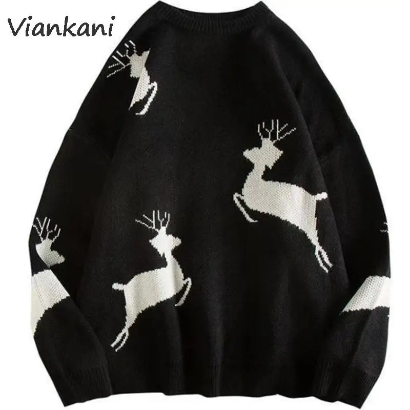 

Men Sweater Oversize Autumn Winter Couples Loose Casual Cartoon Deer New Year Pullover Japanese Vintage Daily Knitted Sweaters