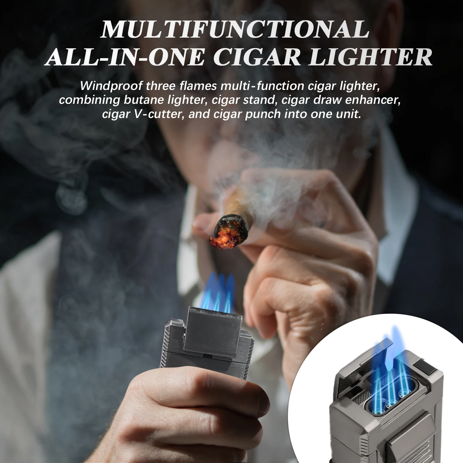 Cigar Lighter, Multifunctional Torch Butane Lighter Built-in Cigar Holder Draw Enhancer Punch Gift for Men