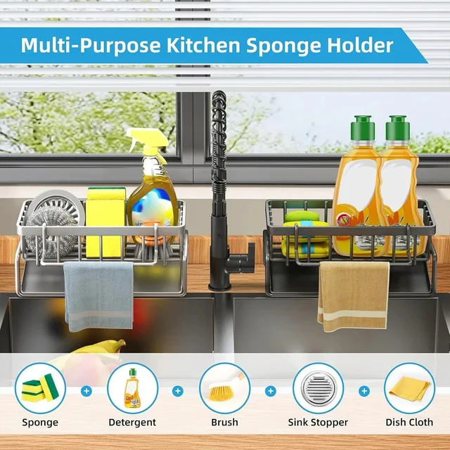 Organizzatore per scolapiatti per lavello da cucina, portaoggetti per spugna, portasapone, scolapiatti, portasciugamani, organizer per lavello da cucina 2