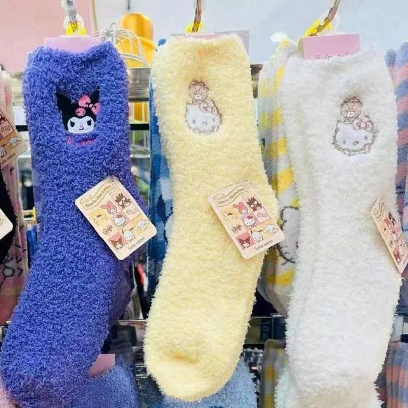 

Kawaii Sanrio Anime Hello Kitty Thickened Plush Middle Socks Cute Cartoon Girly Heart Sleep Floor Socks Gifts for Girls