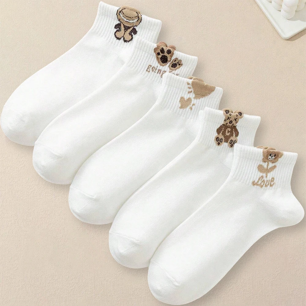Women Socks 5/10/20 Pairs Cartoon Teddy Bear Patterned Ankle Versatile Fashionable Creative Breathable Comfortable Casual