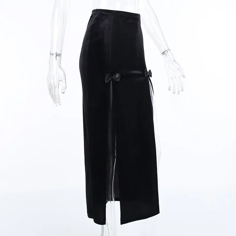 black maxi skirt Dark series skirt 2022 new design feeling minority bow Suede double-slit half-length skirt denim skirt
