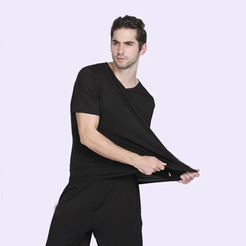Bamboo Fiber Mens Lounge Wear Comfort Soft Sleepwear For Sleeping Short Sleeve Tshirt Top Male Trouser With Pocket Pajamas Sets