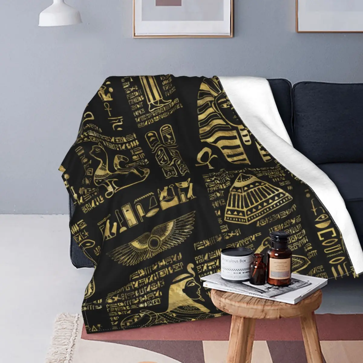 

Egyptian Hieroglyphs And Deities Gold Blankets Velvet Egypt Portable Thin Throw Blanket for Home Outdoor Plush Thin Quilt