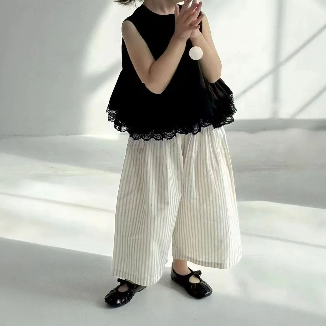 Girls' Set Fashion Doll Shirt Sleeveless Lace Black Vest+ striped Pants Mosquito Proof Pants Summer Girls' Clothing Sets - 3
