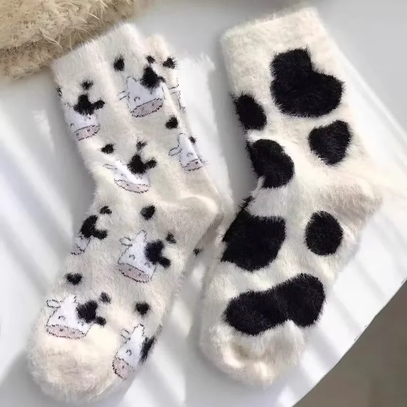 2 Pairs Cute Cow Spots Print Socks, Thickened & Warm Coral Fleece Socks, Women's Stockings & Hosiery