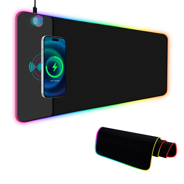 Black Wireless Charging Mouse Pad, RGB Gaming Mouse Pad with Light Modes, Magnetic Charging, Waterproof, Desk Pad for Gamer